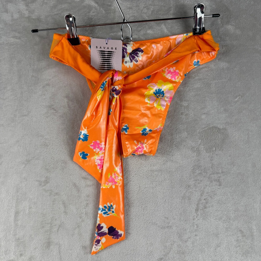 Savage X‎ Fenty Orange Floral Tie Front Mesh Back Bikini Panty Small NWT
